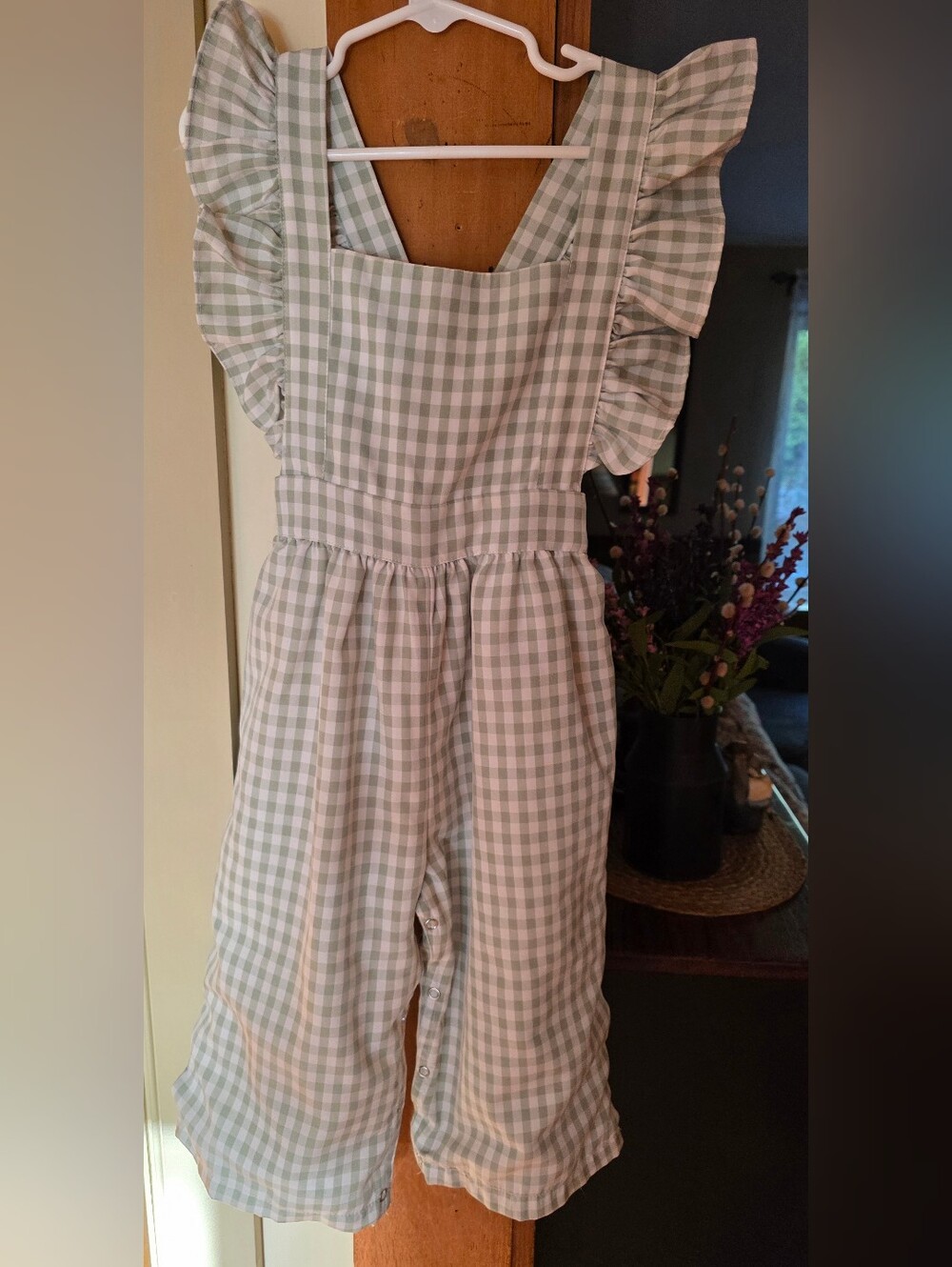 Girls Gingham Ruffle-Shoulder Romper in Sage Green